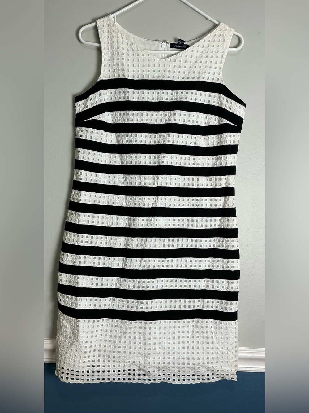 Lands' End Black and White Eyelet Striped Midi Dress